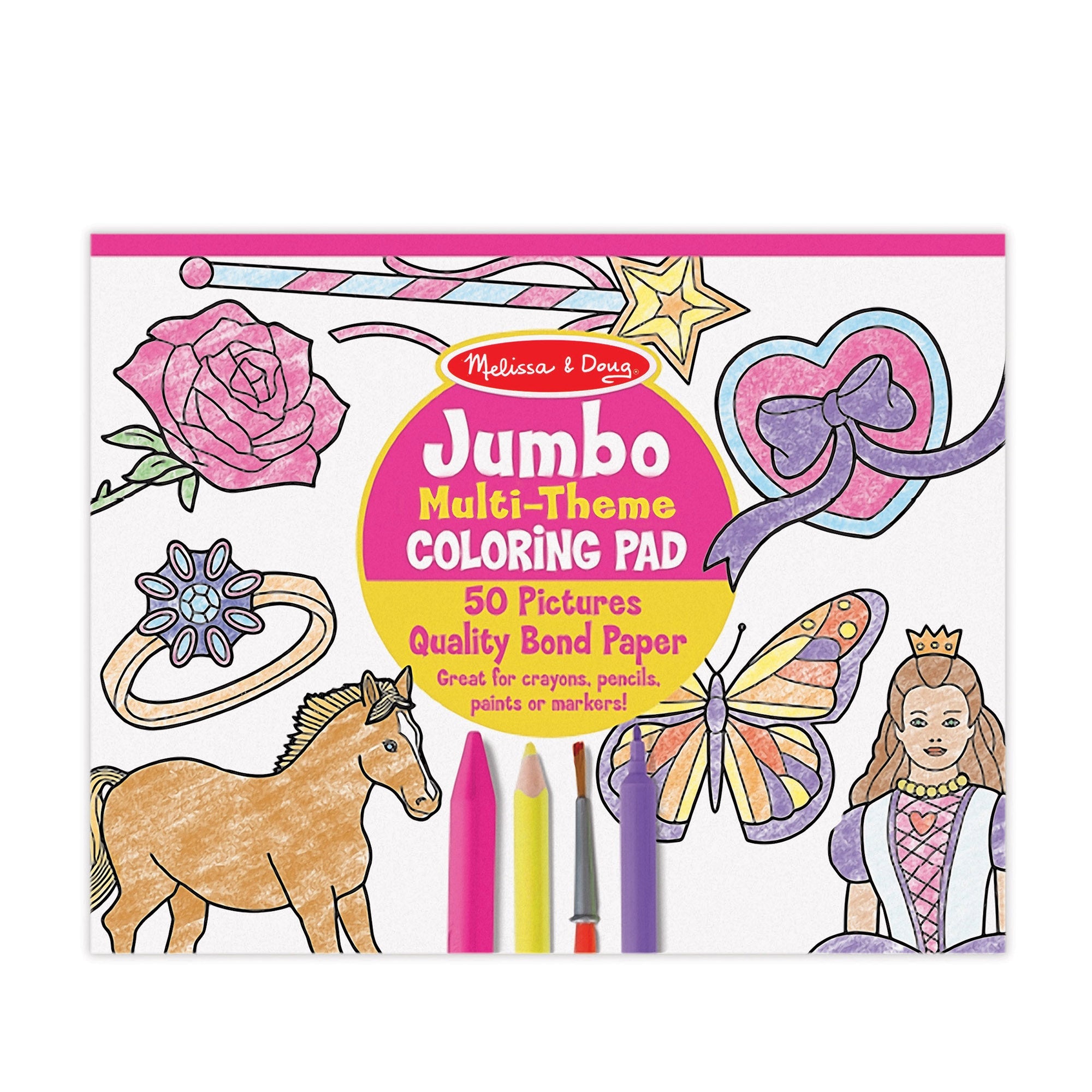 Jumbo 50-Page Kids' Coloring Pad - Horses, Hearts, Flowers, and More